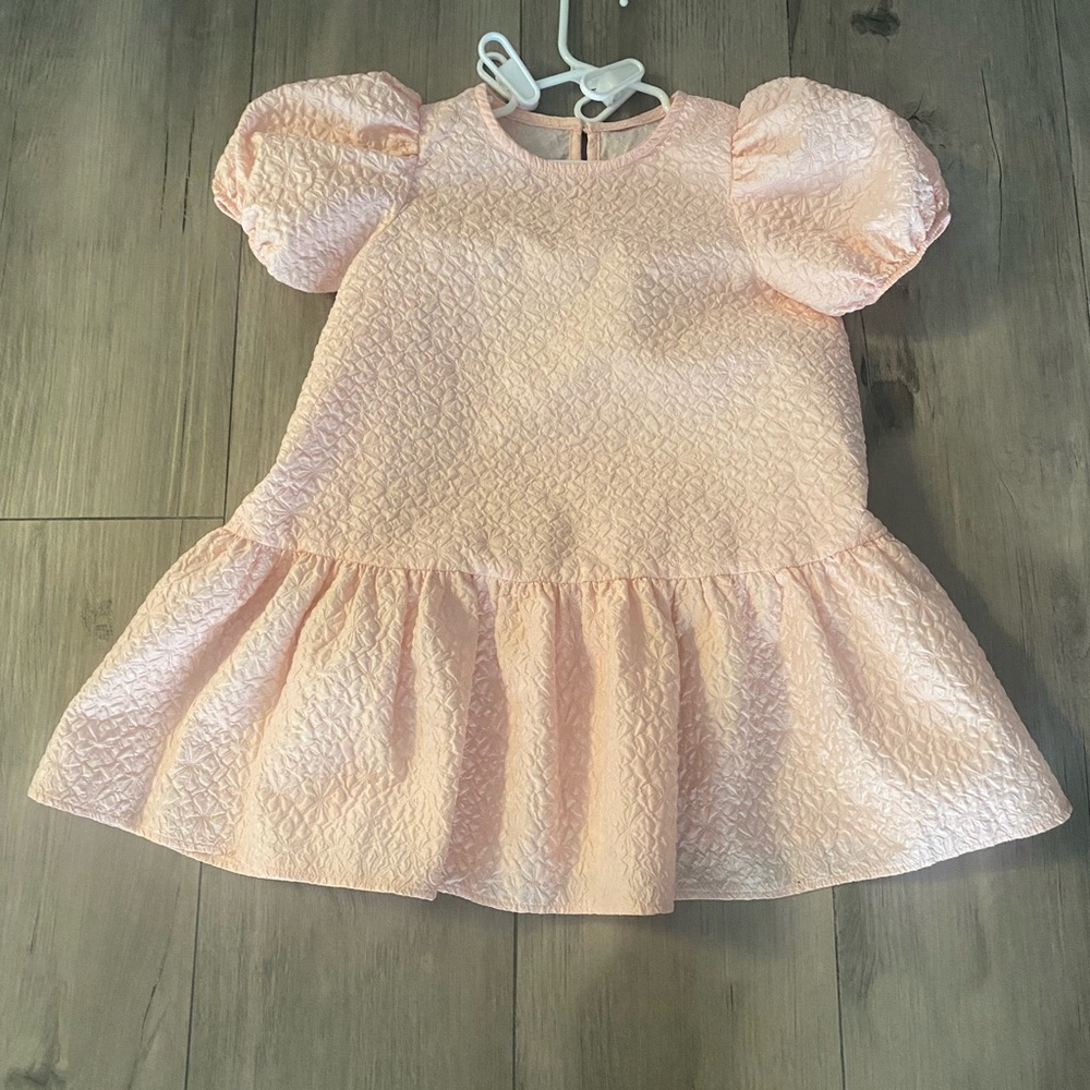 Pink A-line Dress with Puff Cap Sleeves and Crew Neck